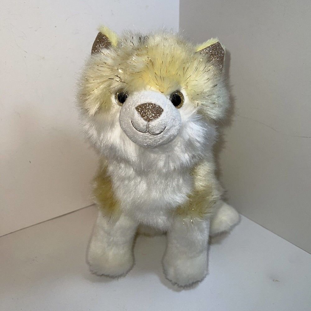 FAO Schwarz Kitty Cat Plush Stuffed Animal Glitter Yellow White Sitting Pose 10"